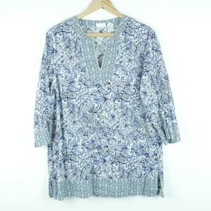 Sigrid Olsen M Top 100% Linen Beachy Relaxed Blue Floral Split Neck 3/4 Sleeve